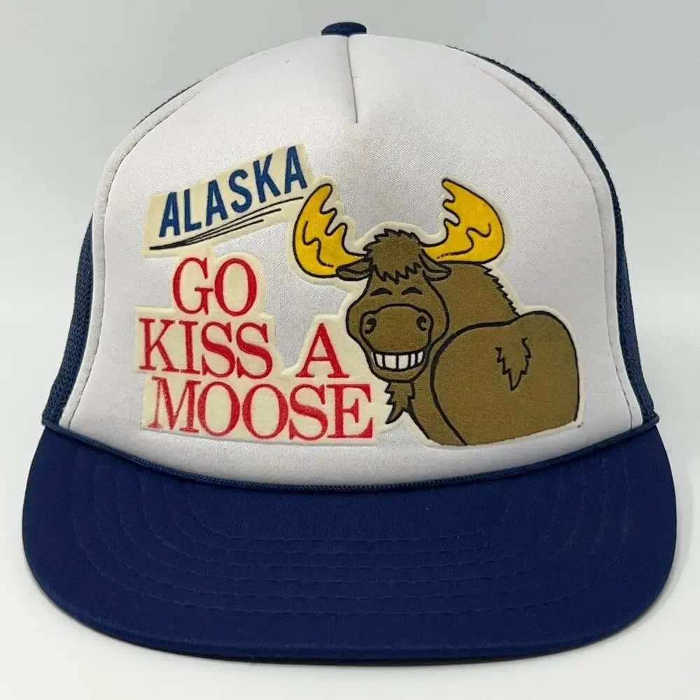 Vintage 80s Alaska Go Kiss a Moose Trucker Hat Baseball Cap Mesh Snapback Blue